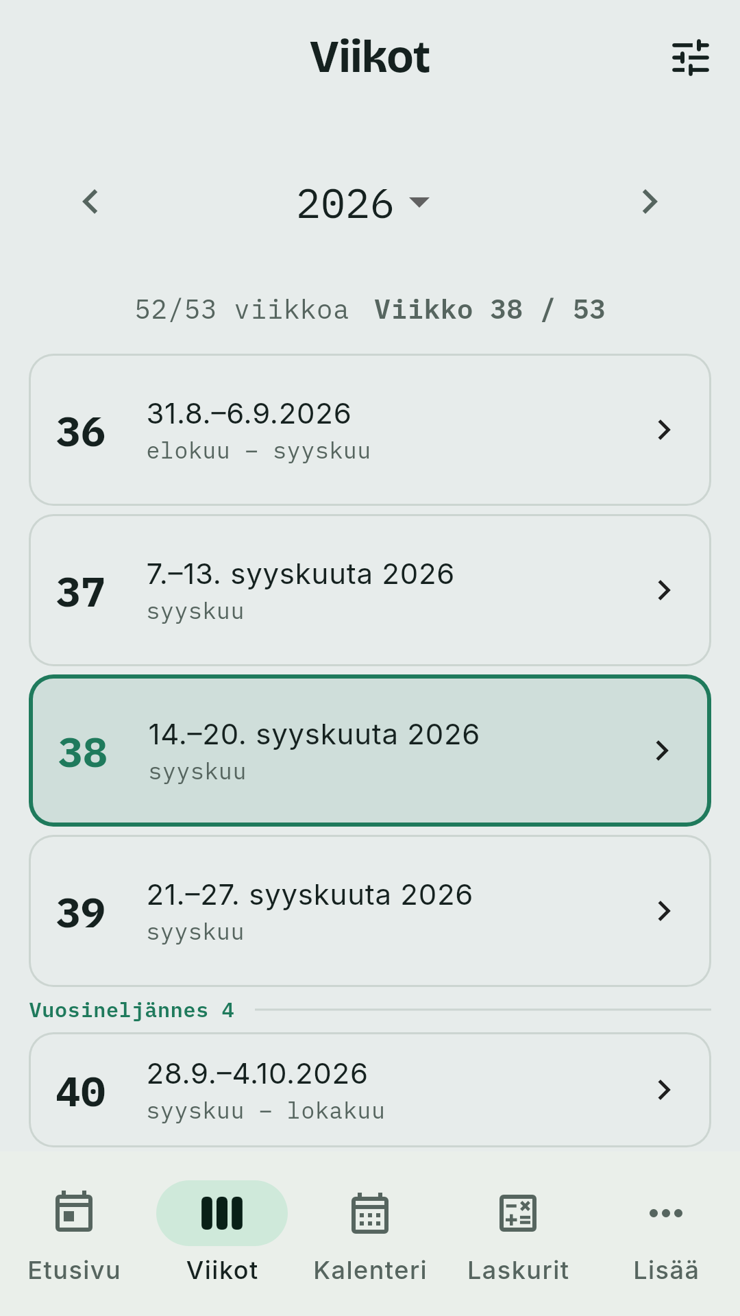 Viikkonro-sovelluksen Viikot-näkymä, jossa viikko 38 on korostettu